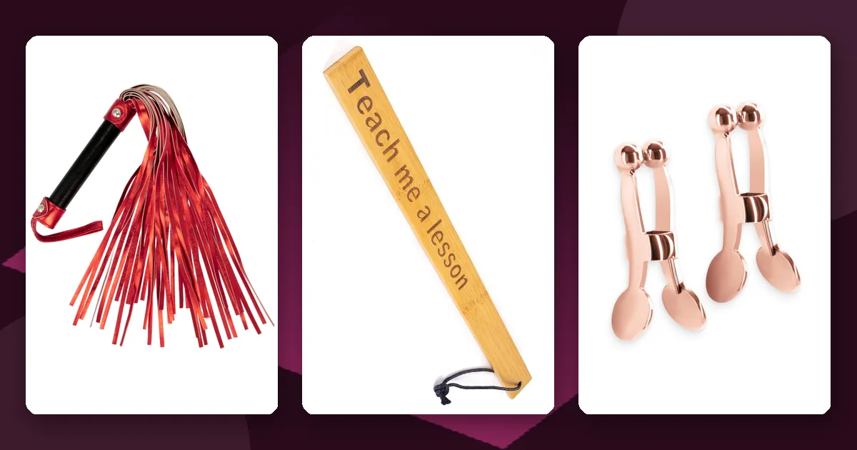 Martinet rouge, paddle « Teach me a lesson » et pinces à tétons rose gold : accessoires BDSM pour débuter