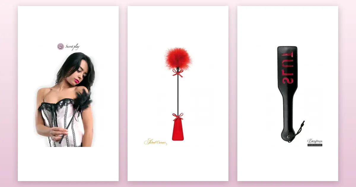 Fouets, cravaches et martinets : Plumeau 40 cm noir, Tapette à pompon rouge, Paddle cuir Slut