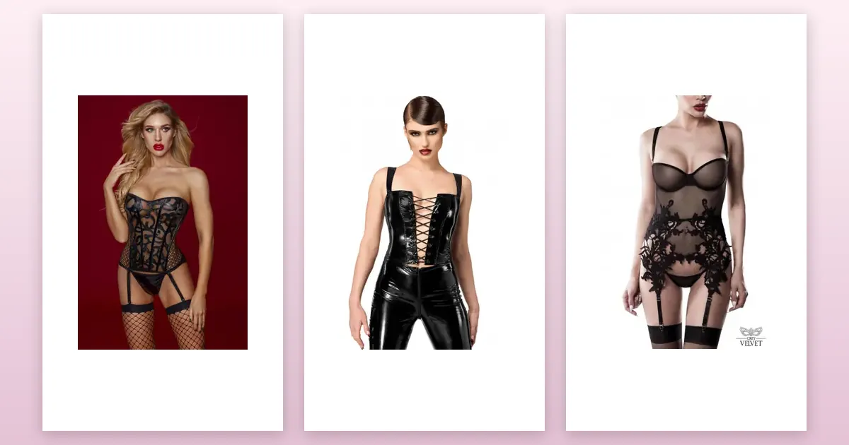 Guêpières et corsets sexy : Ensemble guêpière, string et bas noir, Corset en vinyle Dominae F379, Guêpière baroque