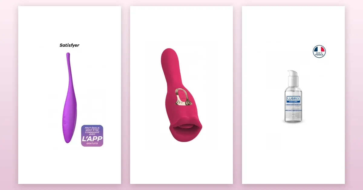 Produits cités dans le guide : Stimulateur connecté Twirling Joy fuchsia, Vibro réversible Oral Fun, Lubrifiant Lubrix nature base eau 50 ml