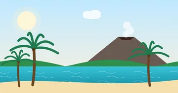 Illustration : volcan, plage et palmiers de la Guadeloupe
