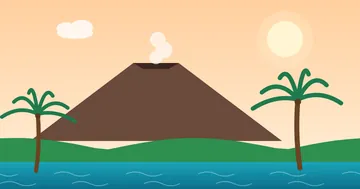 Illustration : volcan, palmiers et océan Indien, La Réunion