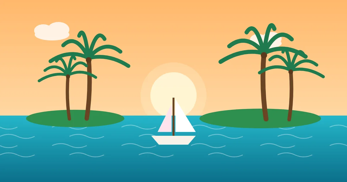 Illustration : palmiers, lagon et voilier en outre-mer