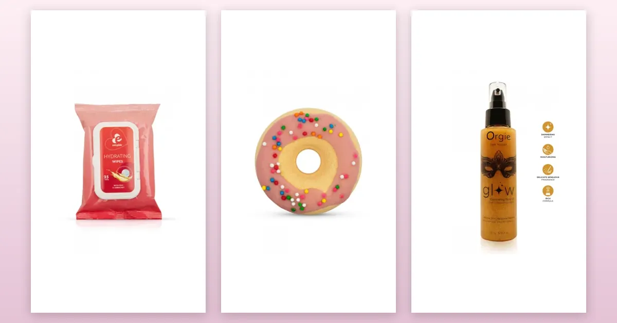 Soins du corps et bain : 25 lingettes hydratantes avec lubrifiant et huiles, Bombe de bain Donut, Huile brillante pour le corps 110ml