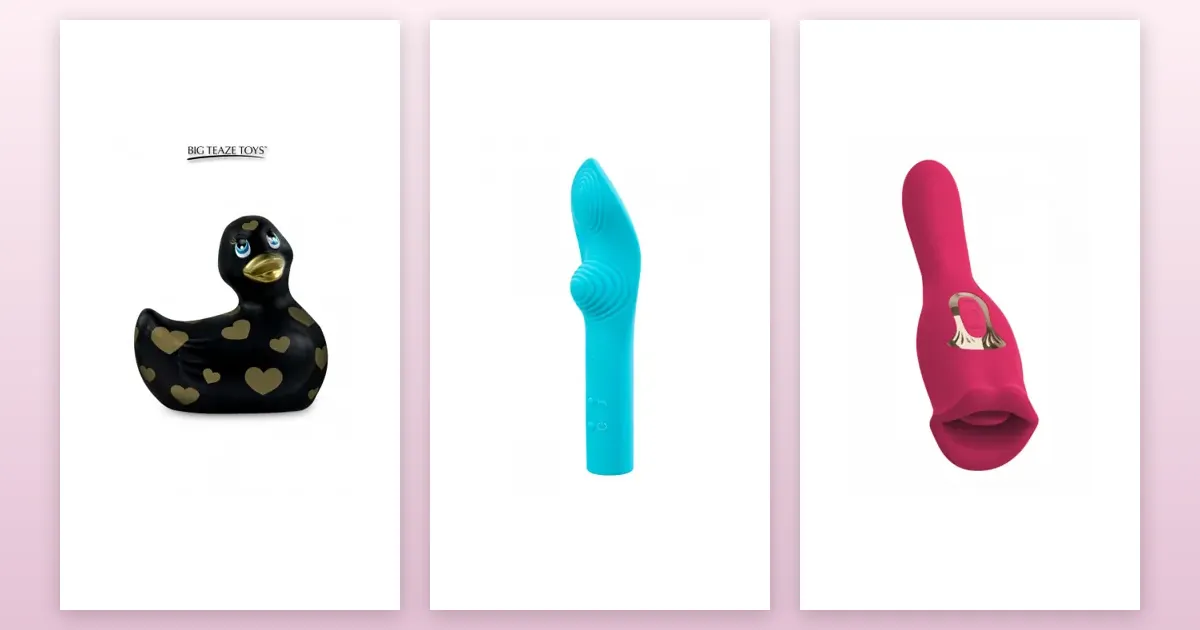 Vibromasseurs : Mini canard vibrant Romance noir et or, Vibro rechargeable LunaCharm bleu, Vibro réversible Oral Fun